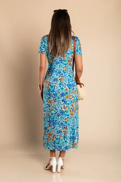 Maxi abito con stampa floreale, azzurro