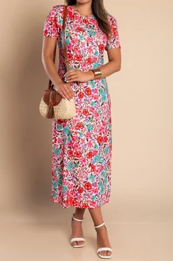 Maxi abito con stampa floreale, rosa