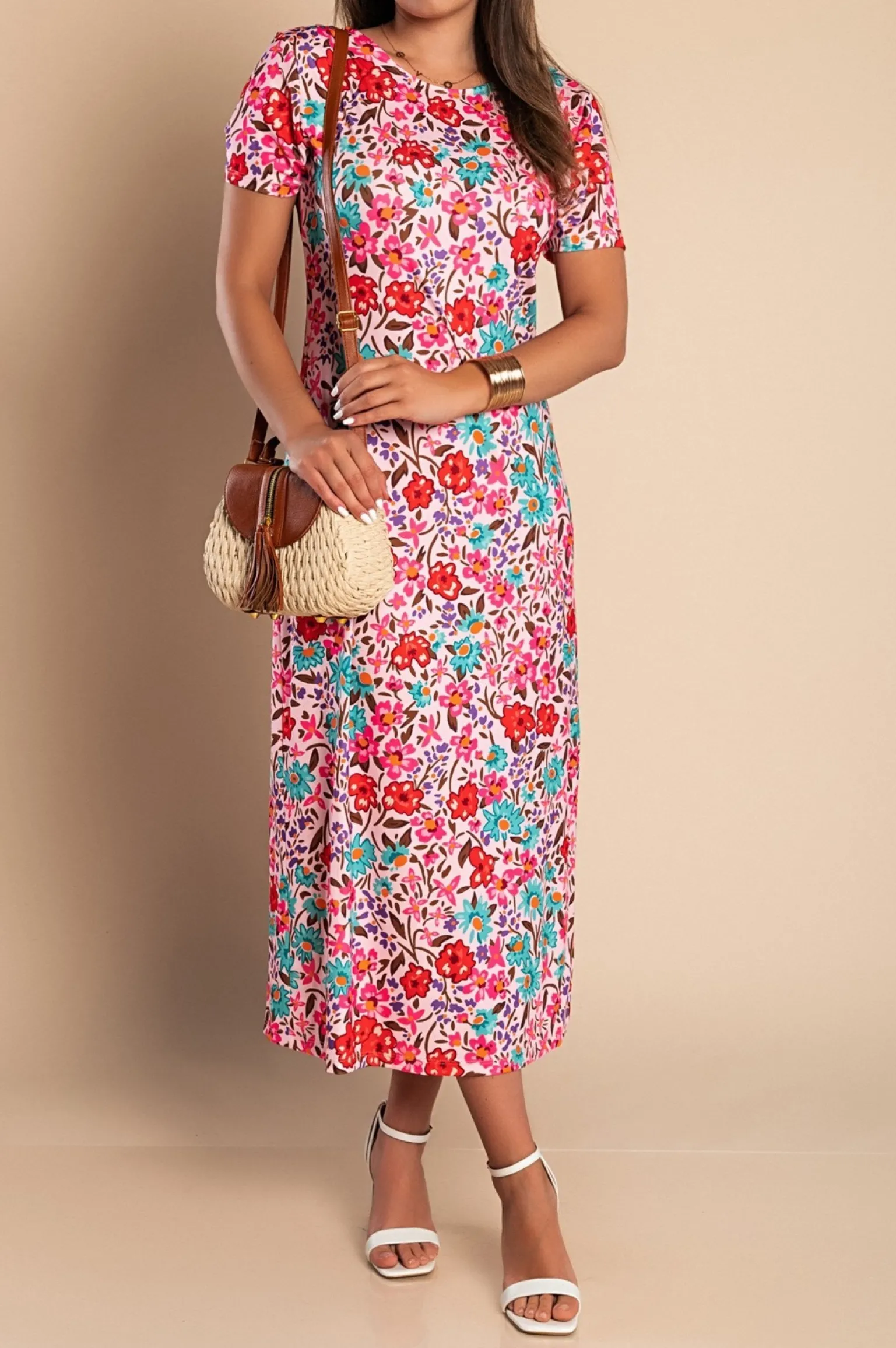 Maxi abito con stampa floreale, rosa
