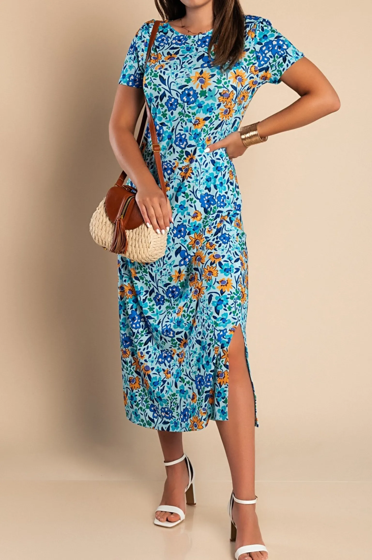 Maxi abito con stampa floreale, azzurro