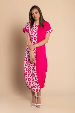 Maxi abito elegante con stampa leopardata, rosa
