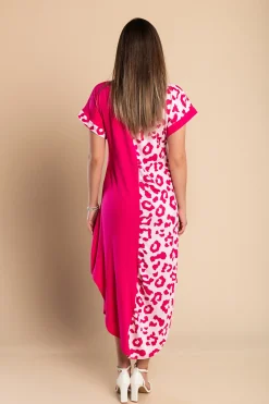Maxi abito elegante con stampa leopardata, rosa