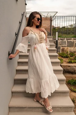 Maxi abito mare con ricamo Fioranna, bianco