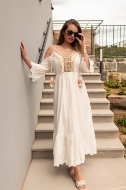 Maxi abito mare con ricamo Fioranna, bianco