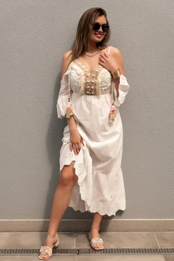 Maxi abito mare con ricamo Fioranna, bianco