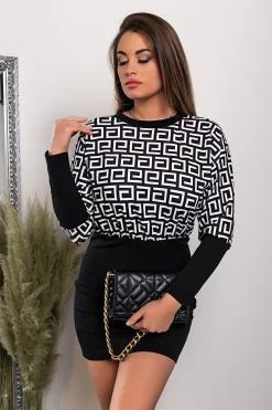 Mini abito a maniche lunghe con stampa geometrica Lenta, bianco e nero