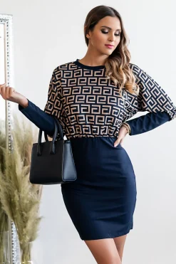 Mini abito a maniche lunghe con stampa geometrica Lenta, blu scuro