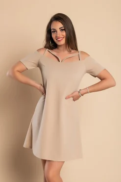 Mini abito ampio a maniche corte con spalline sottili decorative, CECINA, beige