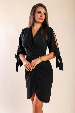 Mini abito elegante con dettaglio di perle finte e scollo incrociato Candys, nero