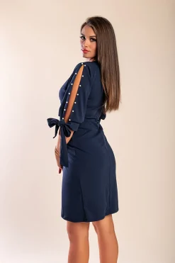 Mini abito elegante con dettaglio di finte perle e scollo a portafoglio Candys, blu scuro