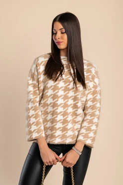 Morbido maglione con stampa Pepita, Crema