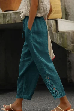 Pantalone elegante in cotone con pizzo, petrolio