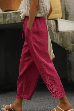 Pantalone elegante in cotone con pizzo, fucsia