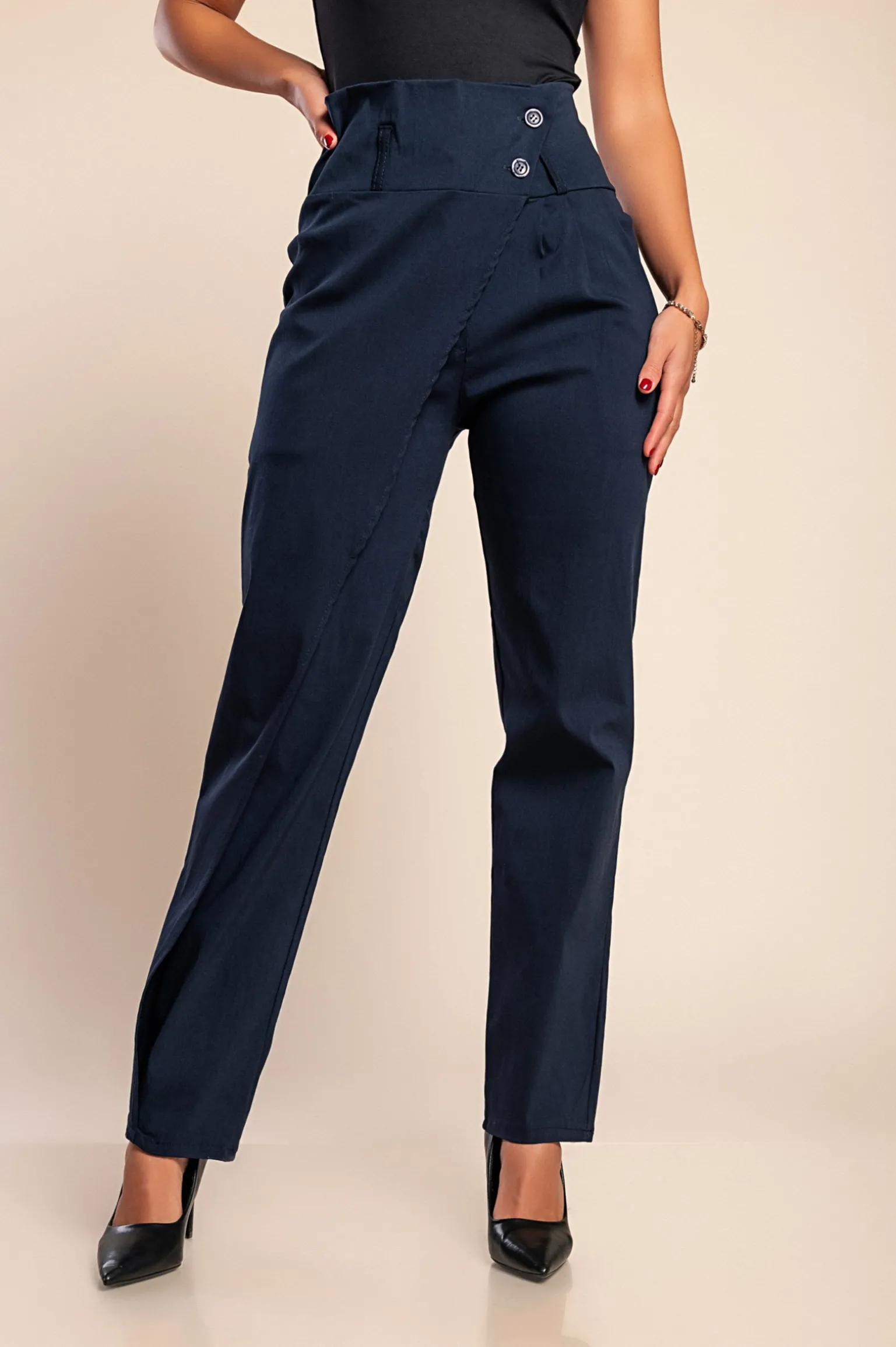 Pantaloni eleganti con volant, blu scuro