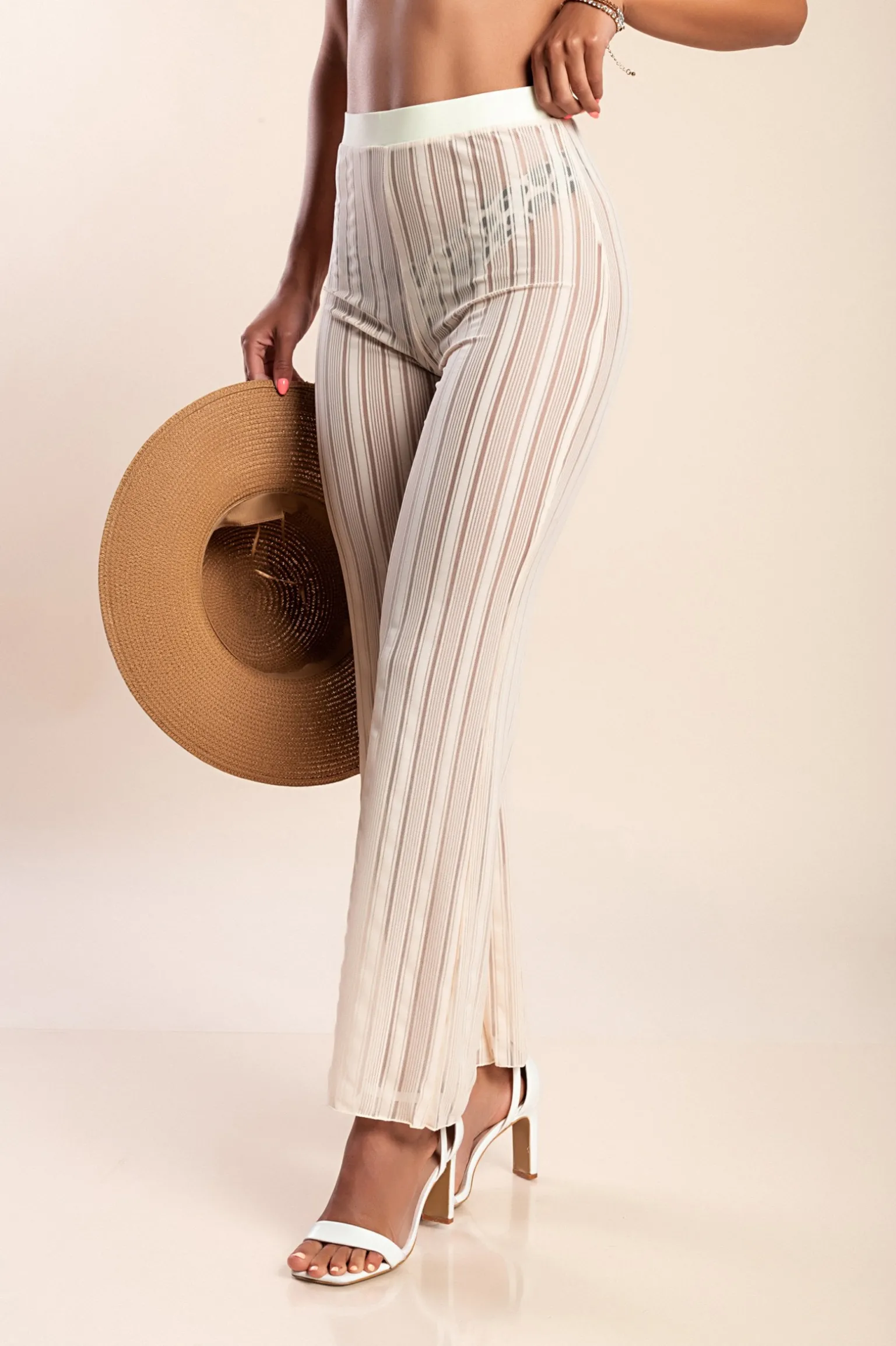 Pantaloni in tessuto trasparente, bianco