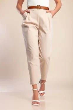 Pantaloni lunghi con cintura decorativa, beige