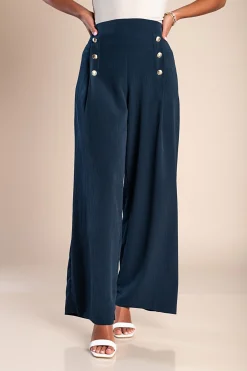 Pantaloni lunghi eleganti con bottoni, blu scuro