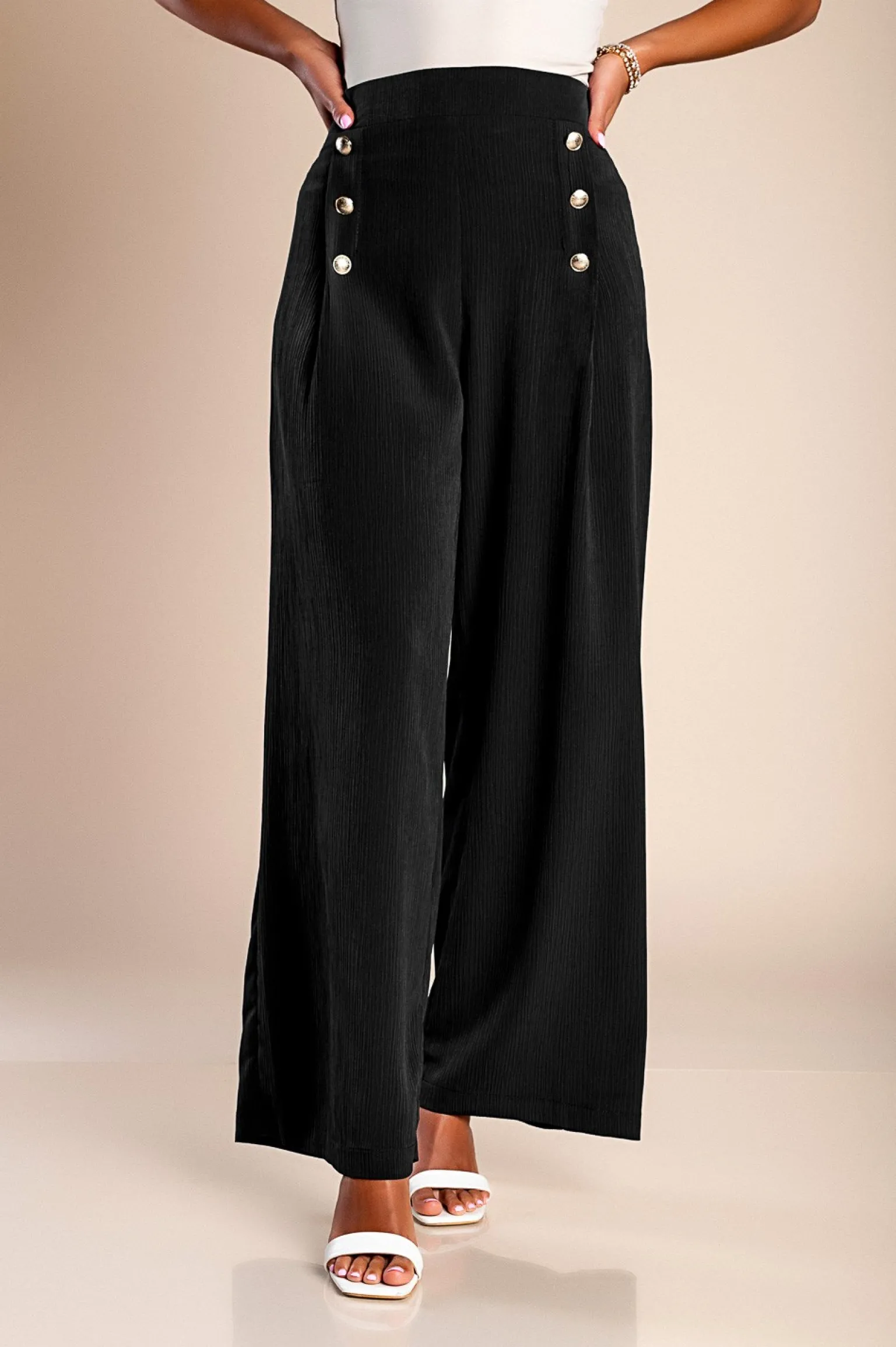 Pantaloni lunghi eleganti con bottoni, neri.