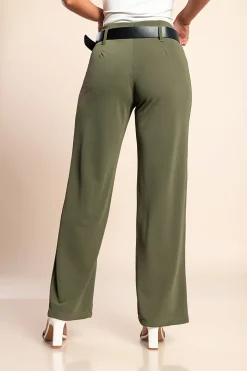 Pantaloni lunghi eleganti con cintura, colore oliva