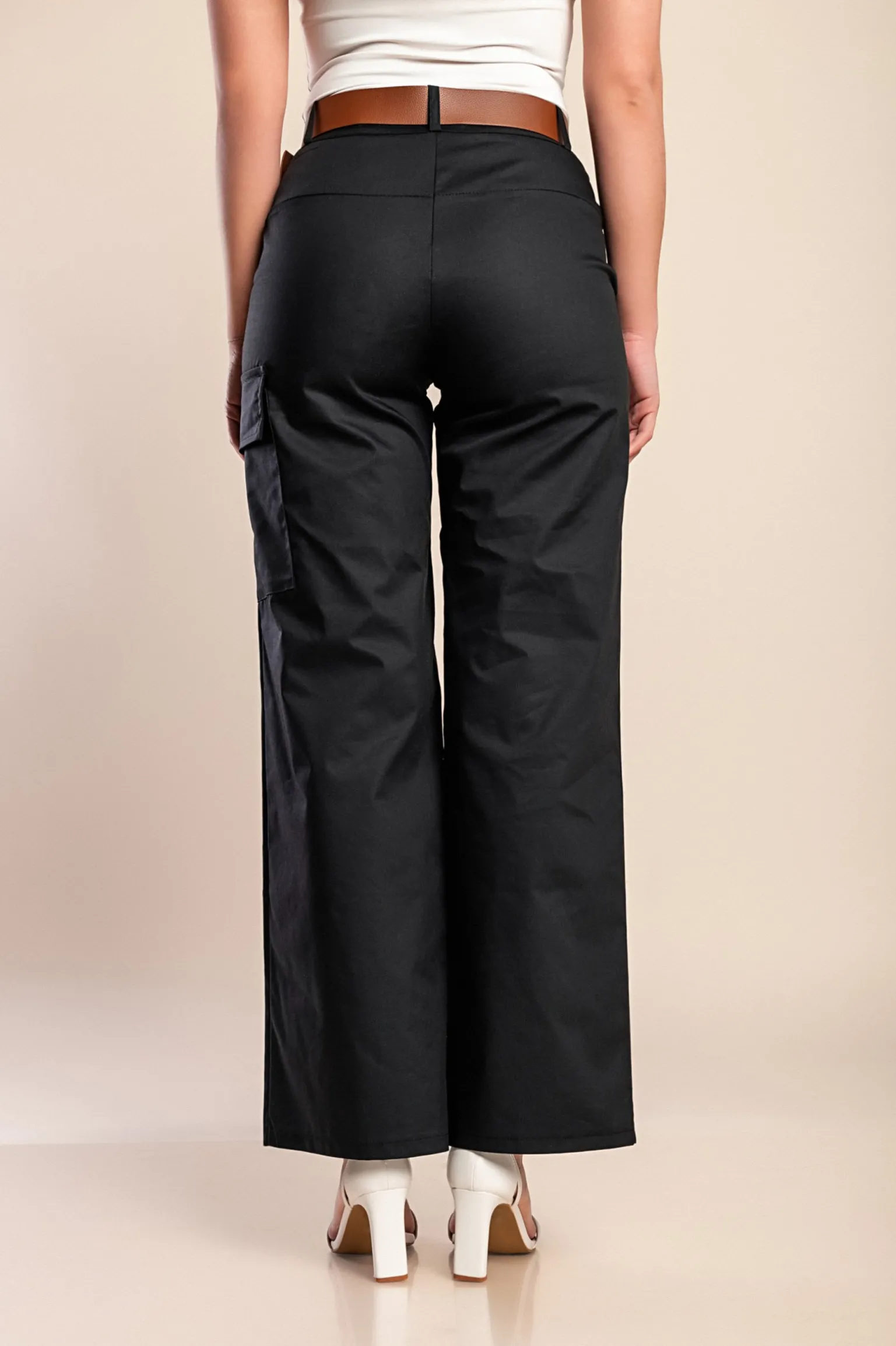 Pantaloni lunghi eleganti con cintura, neri