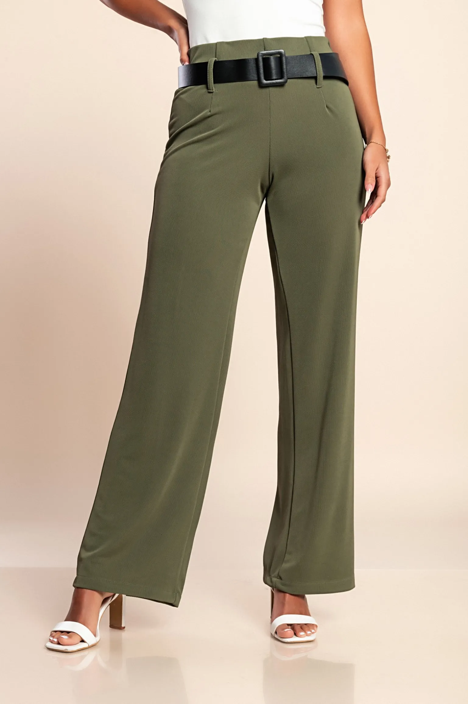 Pantaloni lunghi eleganti con cintura, colore oliva
