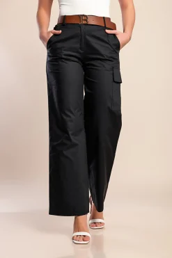 Pantaloni lunghi eleganti con cintura, neri