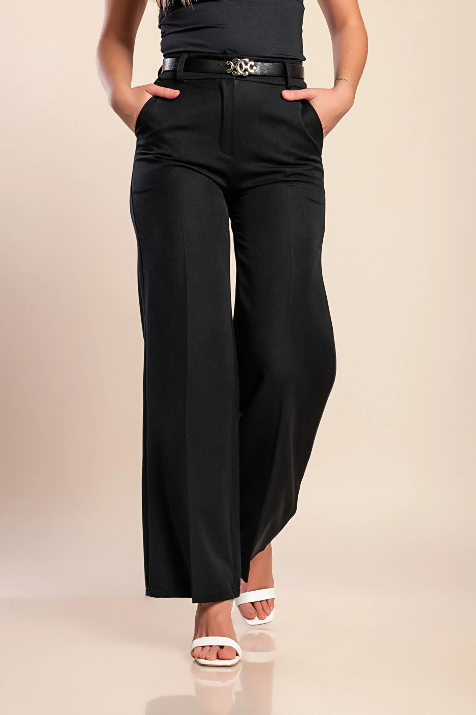 Pantaloni lunghi eleganti con cintura, neri