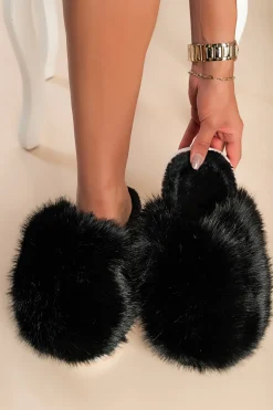 Pantofole con pelliccia artificiale, nere
