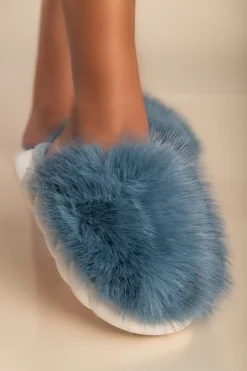 Pantofole con pelliccia artificiale, di colore azzurro