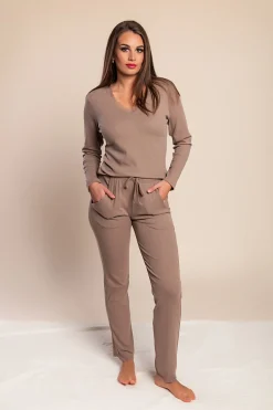 Pigiama lungo con pizzo, marrone