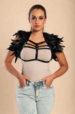 Reggiseno spalline elastiche con piume, nero