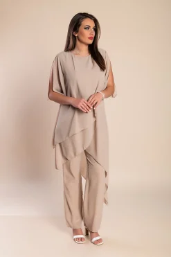 Set di elegante tunica trasparente e pantaloni lunghi Claudette, beige