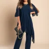 Set di elegante tunica traslucida e pantaloni lunghi Claudette, blu scuro