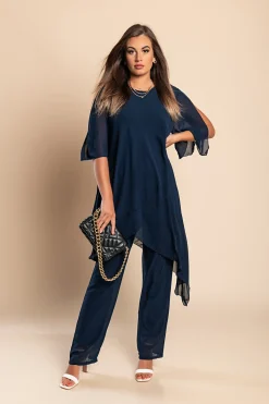 Set di elegante tunica traslucida e pantaloni lunghi Claudette, blu scuro