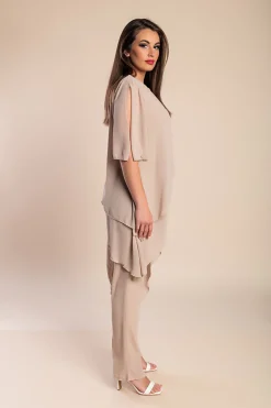 Set di elegante tunica trasparente e pantaloni lunghi Claudette, beige