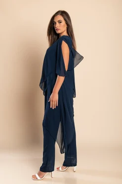 Set di elegante tunica traslucida e pantaloni lunghi Claudette, blu scuro