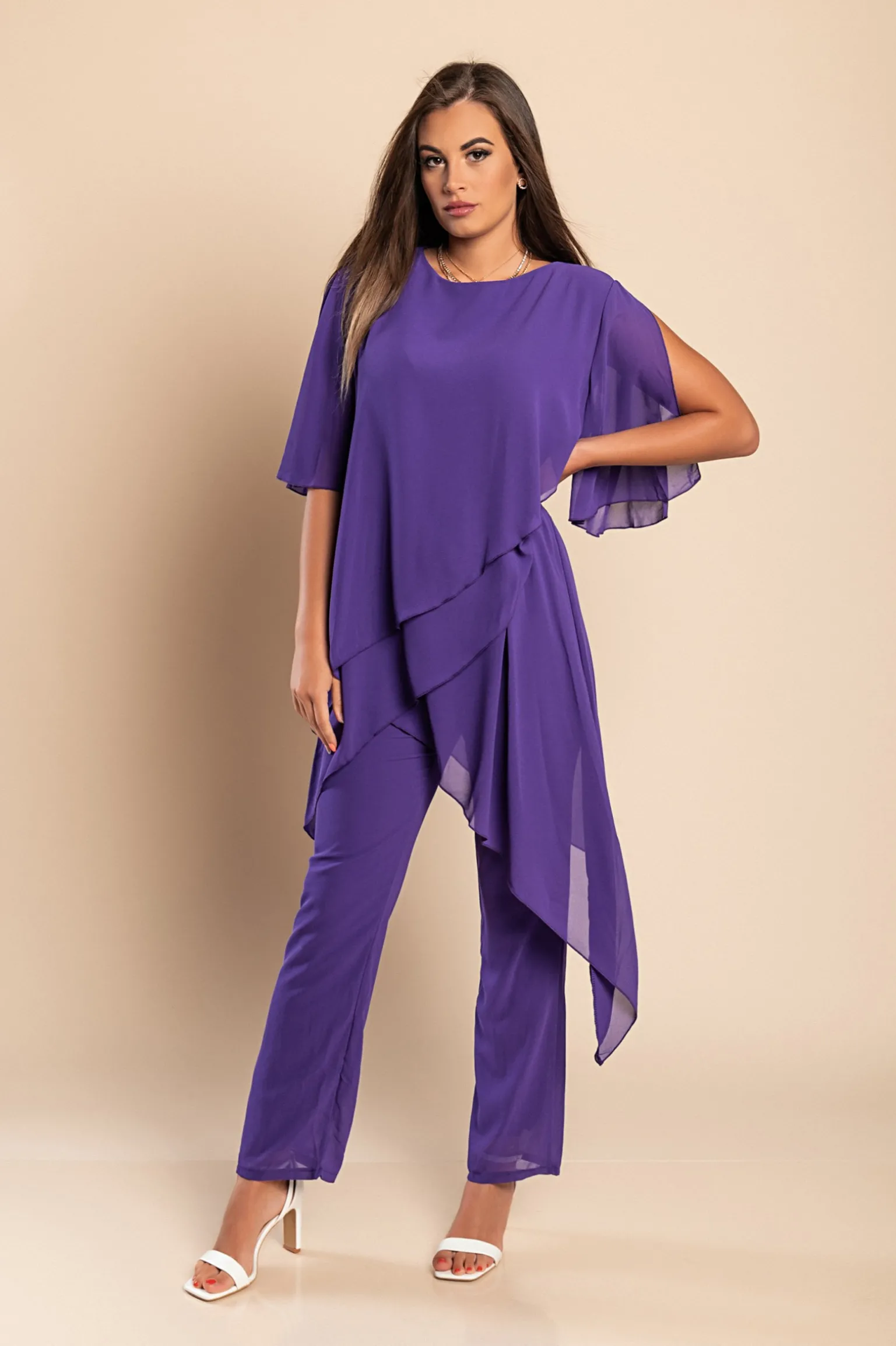 Set di elegante tunica trasparente e pantaloni lunghi Claudette, viola