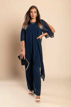 Set di elegante tunica traslucida e pantaloni lunghi Claudette, blu scuro