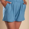 Shorts con vita alta, elastico e cintura, blu
