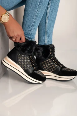 Sneaker fashion realizzata in similpelle e tessuto Alreya, nera