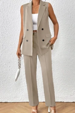 Tailleur pantalone elegante monocolore, beige