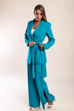 Tailleur pantalone elegante monocolore, petrolio