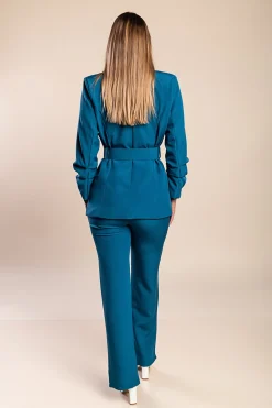 Tailleur pantalone elegante monocolore con cintura, petrolio