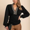 Top con stampa geometrica, nero
