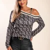 Top con stampa geometrica, nera e beige