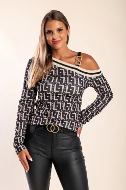 Top con stampa geometrica, nera e beige