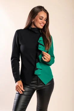 Top con volant, nero e verde