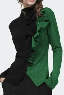 Top con volant, nero e verde