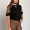 T-shirt in cotone con maniche trasparenti, nera