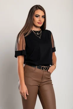 T-shirt in cotone con maniche trasparenti, nera
